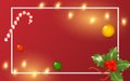 Christmas and New Year greeting card with lights frame and toys on red background. Vector winter postcard, poster or banner