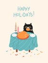 Christmas and New Year greeting card and poster with funny cat secretly trying holiday dinner