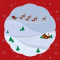 Christmas and new year greeting card with Santa\'s carriage, deers and little house among snow hills vector illustration Royalty Free Stock Photo