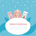 Christmas, New Year greeting card with street view with lovely houses in small town