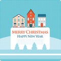 Christmas, New Year greeting card with street view with lovely houses in small town