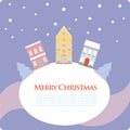 Christmas, New Year greeting card with street view with lovely houses in small town