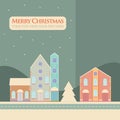 Christmas, New Year greeting card with street view with lovely houses in small town