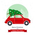 Christmas and New Year greeting card in the style of a cartoon. Red car with Christmas tree on the winter background. Royalty Free Stock Photo