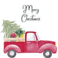 Christmas and New Year greeting card in the style retro isolated on white background. Watercolor red car with tree and Royalty Free Stock Photo