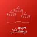 Christmas and New Year greeting card template. Happy holidays text and three burning candles on red background. Line art Royalty Free Stock Photo