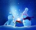 Christmas and new year greeting card .Two cheerful snowman standing in winter christmas landscape Royalty Free Stock Photo