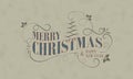 Christmas and New Year greeting card in vintage style with holly berries, decorative curves and christmas tree. Vector design. Royalty Free Stock Photo