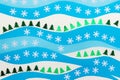 Christmas, New Year greeting card with winter season decorative elements - snowflakes, Christmas trees, layers of blue white wavy Royalty Free Stock Photo