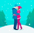 Christmas and New Year greeting card with young couple in love kissing outdoors Royalty Free Stock Photo