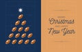 Christmas and new year greeting flat cartoon card. Creative Xmas tree made by american football ball on rugby field background for Royalty Free Stock Photo