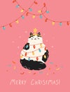 Christmas and New Year greeting card and poster with funny cat secretly trying holiday dinner