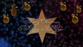 Christmas and New Year greetings on the star with the blue and purple bokeh on background Royalty Free Stock Photo