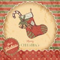 Christmas or New year hand drawn colored vector illustration - card, poster. Xmas sock with candy, bells, vintage sketch