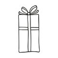 Christmas, New Year. Hand-drawn Xmas gift box. In doodle style, black outline isolated on a white background. Winter element for