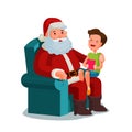 Christmas or New Year. Happy child sitting on lap of Santa Claus.