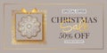 Christmas and New Year hoiday sale shop banner. Golden shiny snowflakes, gift box. Chic elegant, festive card, cover Royalty Free Stock Photo