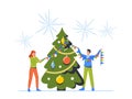Christmas and New Year Holiday Celebration Concept. Happy People Decorate Tree Together Cartoon Vector Illustration Royalty Free Stock Photo