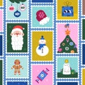 Christmas, New Year and Holiday cute postage stamps background