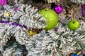 Christmas and New Year holiday decorations background. Detail of Christmas tree with festive balls and ornaments Royalty Free Stock Photo