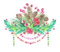 Christmas and New Year holiday emblem with wreath of berry, cones and beads isolated on white Royalty Free Stock Photo