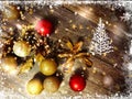 Christmas and new Year holiday gold red silver tree balls decoration on  brown background snowflakes and blurred yellow light bac Royalty Free Stock Photo