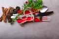 Christmas and New Year holiday table setting. Celebration place setting for dinner decorations. Copy space. Top view. Royalty Free Stock Photo