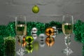 Christmas And New Year Holiday Table Setting with Champagne. Celebration. Place setting for Christmas Dinner. Holiday Decorations. Royalty Free Stock Photo