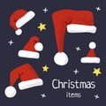 Christmas and New Year holiday vector stock illustration with Christmas stuff - santa hats set Royalty Free Stock Photo