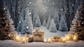 Christmas and New Year holidays background. Christmas tree, gifts and candles on the snow