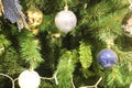 Christmas and New Year holidays background. Fir with silver and blue baubles Royalty Free Stock Photo