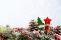 Christmas fir tree with bokeh background. Merry Christmas and Happy New Year. Christmas bokeh background with snow fir tree. Top Royalty Free Stock Photo