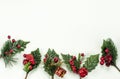 Christmas New Year holidays composition: 5 green branches, red berries and gift Royalty Free Stock Photo