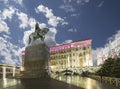 Christmas and New Year holidays illumination in Moscow city center on Tverskaya square at night. Yury Dolgoruky Monument Royalty Free Stock Photo