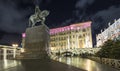 Christmas and New Year holidays illumination in Moscow city center on Tverskaya square at night. Yury Dolgoruky Monument Royalty Free Stock Photo