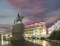 Christmas and New Year holidays illumination in Moscow city center on Tverskaya square at night. Yury Dolgoruky Monument Royalty Free Stock Photo