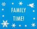 Text Family Time on a blue background with Christmas snowflakes, a white angel playing the trumpet. Royalty Free Stock Photo