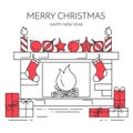 Christmas New Year horizontal banner with fireplace, gifts Line art