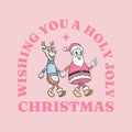 Christmas and New Year hot pink retro cartoon characters. Santa Claus and Reindeer gay friends walking together. Vector Royalty Free Stock Photo