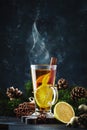 Christmas or New Year hot winter drink, spicy grog cocktail, sangria or mulled wine with tea, lemon, rum, cinnamon, anise. Rustic Royalty Free Stock Photo