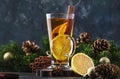 Christmas or New Year hot winter drink, spicy grog cocktail, sangria or mulled wine with tea, lemon, rum, cinnamon, anise. Rustic