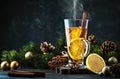 Christmas or New Year hot winter drink, spicy grog cocktail, sangria or mulled wine with tea, lemon, rum, cinnamon, anise. Rustic Royalty Free Stock Photo