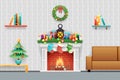 Christmas New Year House Interior Living Room Furniture Icons Set Flat Design Vector Illustration