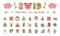 Christmas and New Year icons, 2019 year the Pig, Holiday colorful signs. Thin line art design, Vector flat illustration Royalty Free Stock Photo