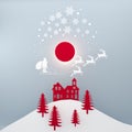 Christmas and New Year. Illustration of Santa Claus on the sky coming to City. minimal concept. Merry Christmas card.