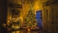 Christmas and New Year interior decoration. Green tree decorated with toys, gifts, present boxes, flashing garland, illuminated