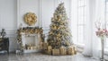 Christmas and New Year interior in light classic style. White room with Xmas Tree decorated, flashing garland, balls, fireplace Royalty Free Stock Photo