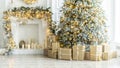 Christmas and New Year interior in light classic style. White room with Xmas Tree decorated, flashing garland, balls, fireplace Royalty Free Stock Photo