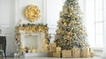 Christmas and New Year interior in light classic style. White room with Xmas Tree decorated, flashing garland, balls, fireplace Royalty Free Stock Photo