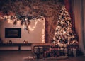 Christmas New Year interior with loft design studio decorated fir tree with garlands balls and gift present boxes horizontal image Royalty Free Stock Photo